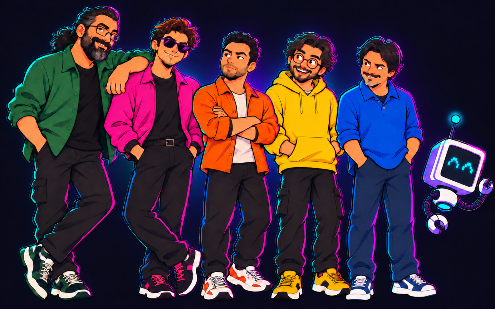 Arda, güneş gözlüklü Burak, Engin, Alper, Ulaş ve yapay zekâ Popi'nin sade retrowave grup illüstrasyonu